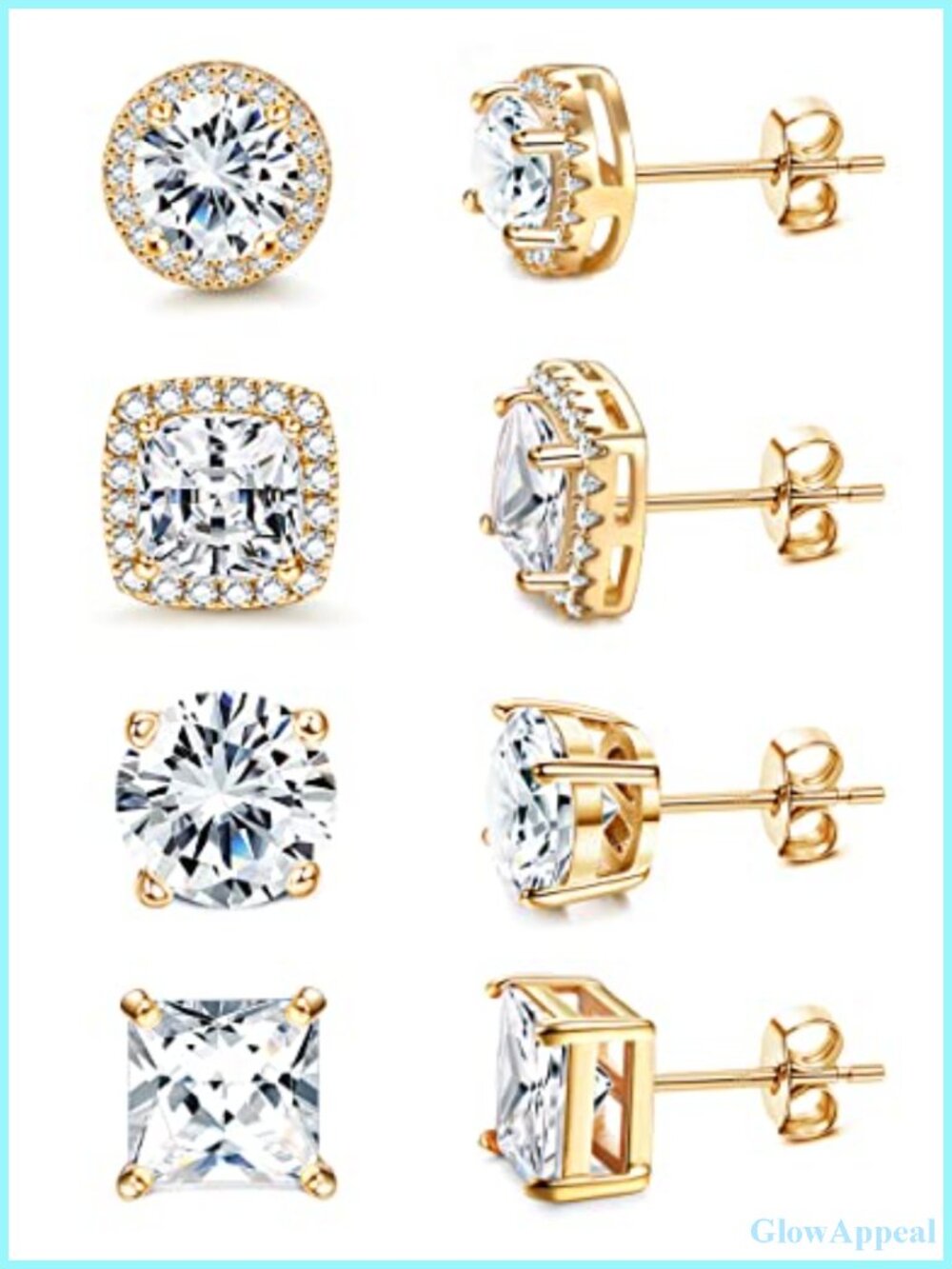 4 Pair Sterling Silver Sterling Silver Stud Earrings 18K Gold Plated Cubic